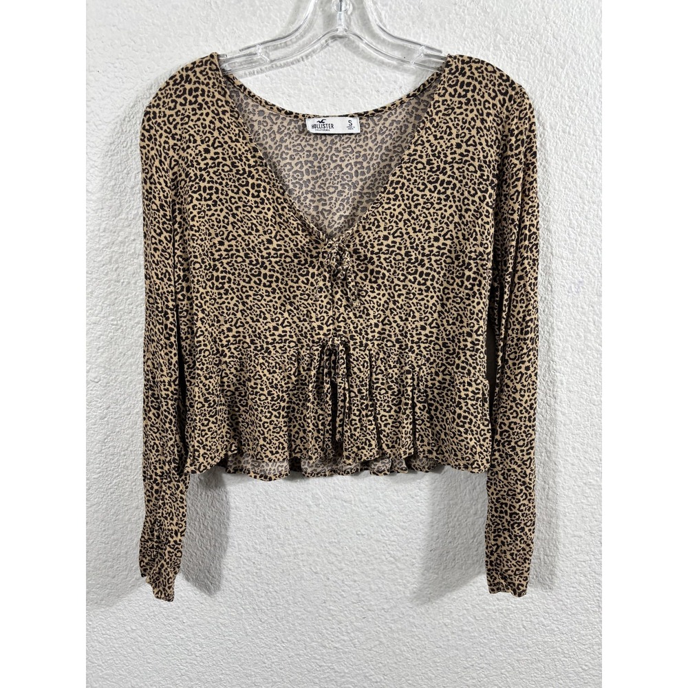 Hollister Blouse Womens Small Brown Leopard Ruffle Cropped Babydoll Y2K‎ Top